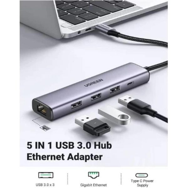 UGREEN USB Hub, 5-u-1 USB3.0, 3×USB-A/1×USB-C/1×G-LAN - Slika 2