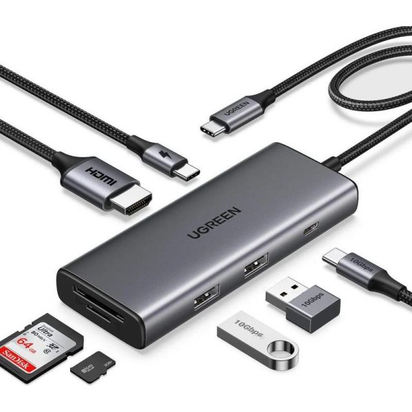 UGREEN USB Hub, USB-C na 2x USB-A 3.2, USB-C, HDMI 4K 30Hz, čitač kartica SD/TF, Power Delivery, sivi - Slika 2