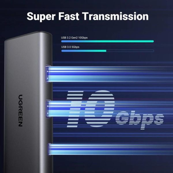 UGREEN USB Hub, USB-C na 2x USB-A 3.2, USB-C, HDMI 4K 30Hz, čitač kartica SD/TF, Power Delivery, sivi - Slika 4