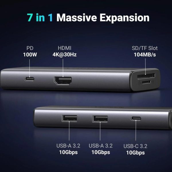 UGREEN USB Hub, USB-C na 2x USB-A 3.2, USB-C, HDMI 4K 30Hz, čitač kartica SD/TF, Power Delivery, sivi - Slika 6