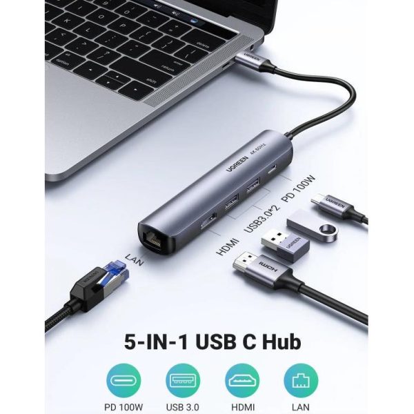 UGREEN USB Hub, USB-C na 2xUSB 3.0 A, HDMI, RJ45, PD - Slika 5