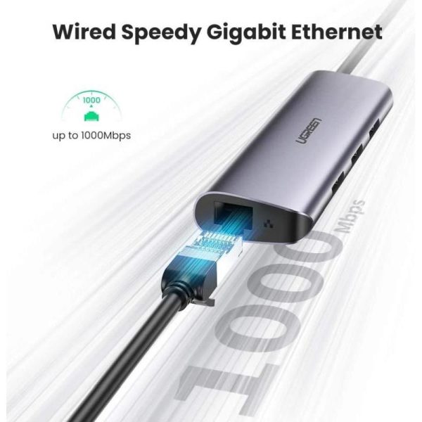 UGREEN USB Hub, USB-C na 3xUSB 3.0 A i 1xRJ45, sivi