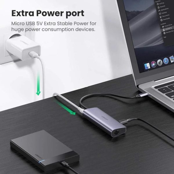 UGREEN USB Hub, USB-C na 3xUSB 3.0 A i 1xRJ45, sivi - Slika 6