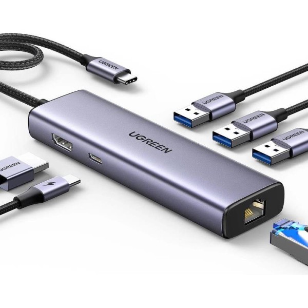 UGREEN USB Hub, USB-C na 3xUSB 3.0 A, HDMI, RJ45, PD