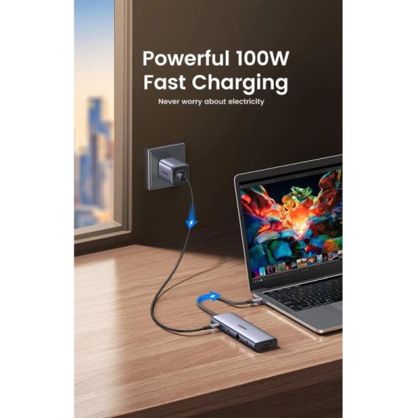 UGREEN USB Hub, USB-C na 3xUSB 3.0 A, VGA, HDMI, RJ45 Gigabit, SD/TF, PD, 3.5mm, sivi