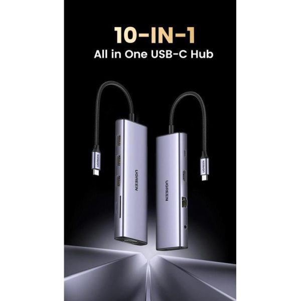 UGREEN USB Hub, USB-C na 3xUSB 3.0 A, VGA, HDMI, RJ45 Gigabit, SD/TF, PD, 3.5mm, sivi - Slika 2