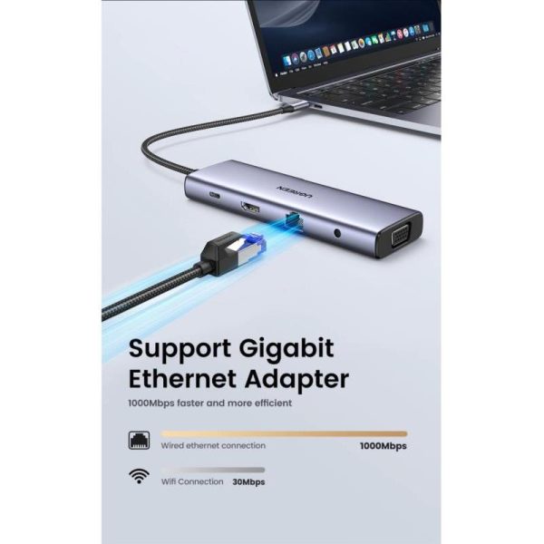 UGREEN USB Hub, USB-C na 3xUSB 3.0 A, VGA, HDMI, RJ45 Gigabit, SD/TF, PD, 3.5mm, sivi - Slika 5
