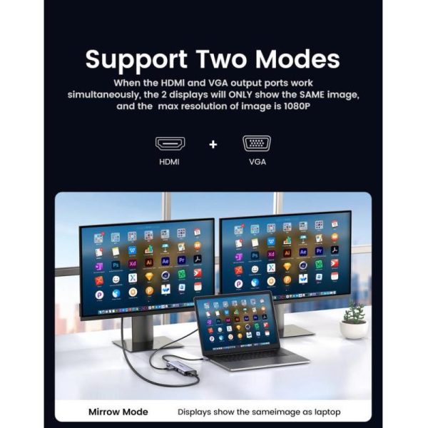 UGREEN USB Hub, USB-C na 3xUSB 3.0 A, VGA, HDMI, RJ45 Gigabit, SD/TF, PD, 3.5mm, sivi - Slika 6