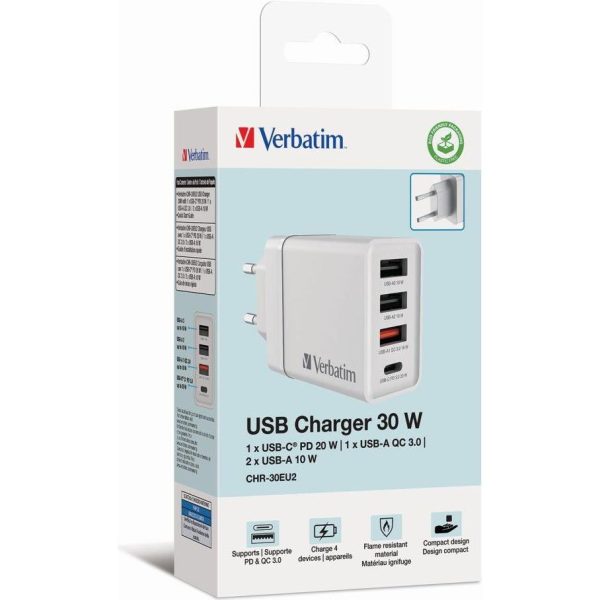 Punjač zidni Verbatim #49701 1xUSB-C/PD 20W/1xUSB-A QC 3.0/2xUSB-A 10W, EU, bijeli - Slika 2