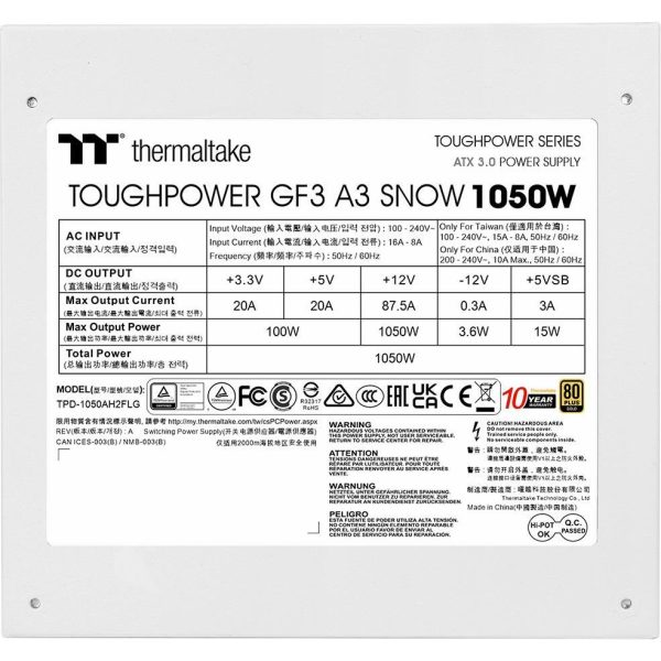 THERMALTAKE NAPAJANJE TOUGHPOWER GF A3 SNOW 1050W - Slika 3