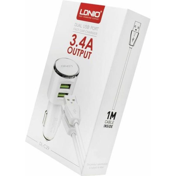 AUTO PUNJAČ 2U1 LDNIO DL-C29 BRZI 2*USB 3,4A + USB TIP C BIJELI