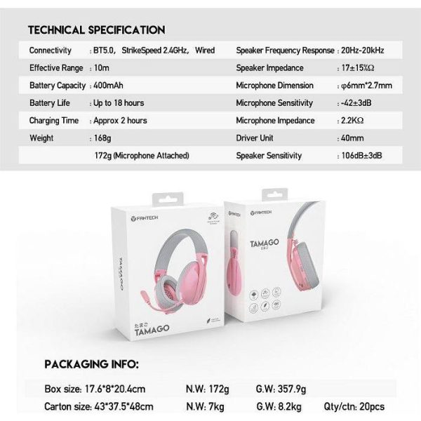 BLUETOOTH STEREO SLUŠALICE FANTECH BT5.2, WI-FI 2.4G, TIP C TAMAGO WHG01 PINK - Slika 2