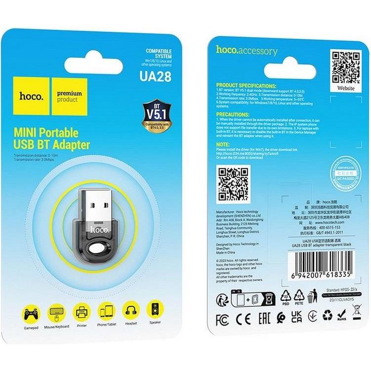 Hoco Adapter USB-A Bluetooth UA28 (Prozirno – Crni) Blister