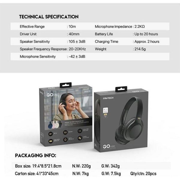 BLUETOOTH STEREO SLUŠALICE FANTECH BT5.3 3,5mm GO VIBE WH05-BK CRNE - Slika 3