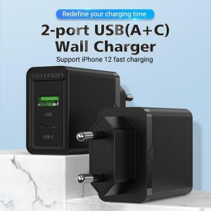 KUĆNI PUNJAČ USB + TIP C 18W/20W VENTION FBBB0-EU CRNI