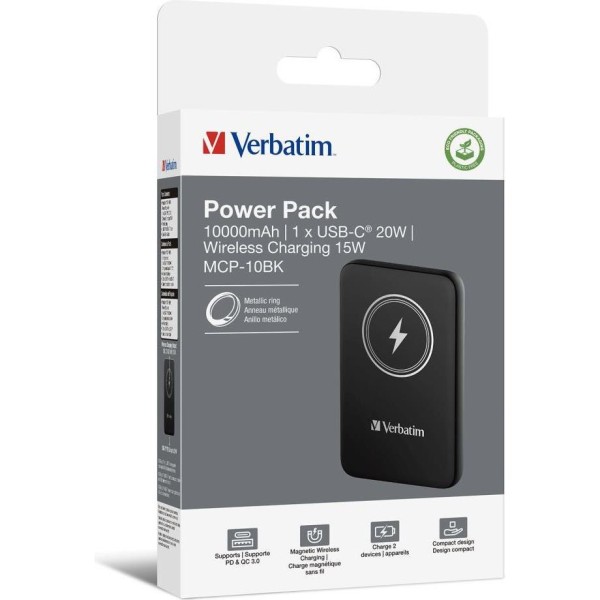 Prijenosna baterija Verbatim #32245 Charge 'n' Go, 10000mAh, magnetsko bežično punjenje, crni
