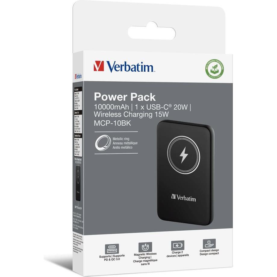 Prijenosna baterija Verbatim #32245 Charge 'n' Go, 10000mAh, magnetsko bežično punjenje, crni
