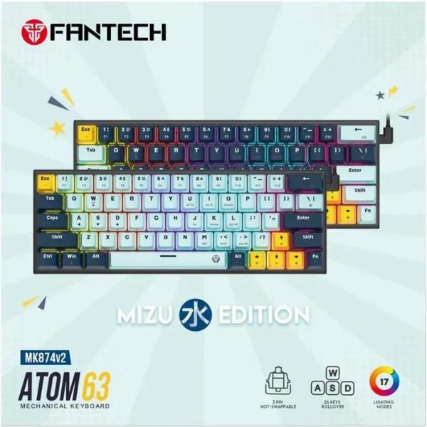 TIPKOVNICA GAMING ŽIČNA MEHANIČKA FANTECH ATOM 63 RED SW. MK874V2 SKY BLUE