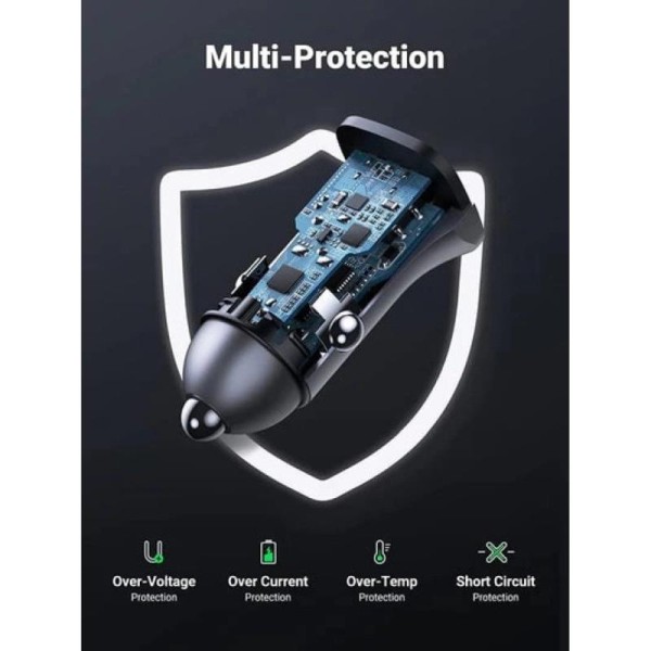 UGREEN auto punjač 24W, USB-C+USB-A, PD3.0/QC3.0, srebrni