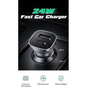 UGREEN auto punjač 30W, USB-C+USB-A, PD3.0/QC3.0, sivi