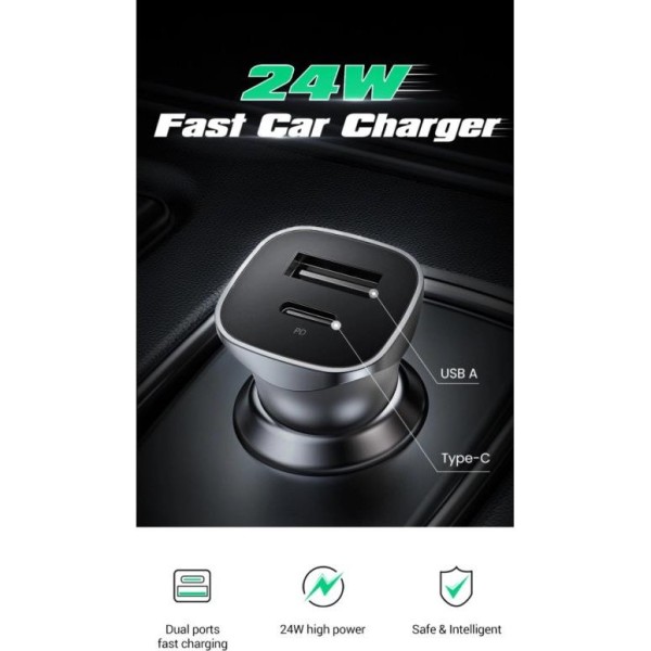 UGREEN auto punjač 30W, USB-C+USB-A, PD3.0/QC3.0, sivi