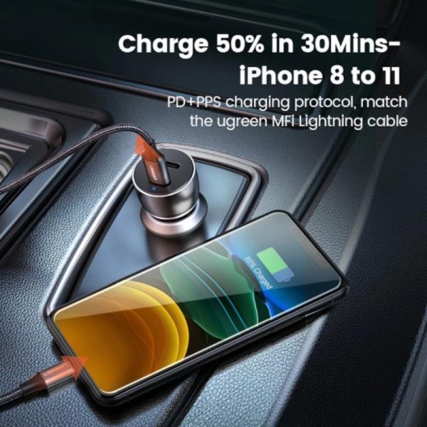 UGREEN auto punjač 52.5W, USB-C+USB-A, PD3.0/QC3.0, sivi - Slika 3