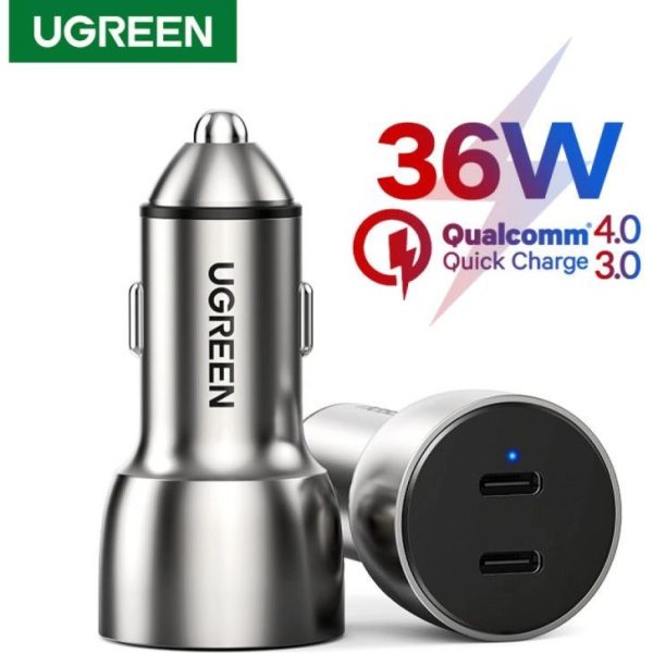 UGREEN CD213 auto punjač 50W, 2×USB-C, PD3.0/QC3.0, sivi