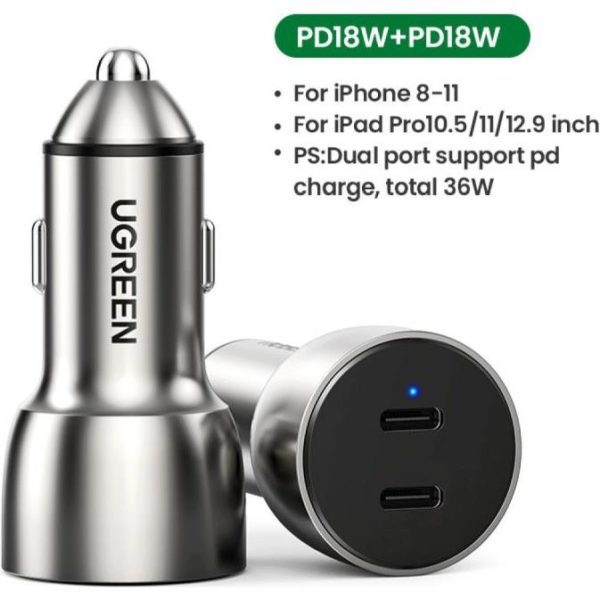 UGREEN CD213 auto punjač 50W, 2×USB-C, PD3.0/QC3.0, sivi - Slika 5
