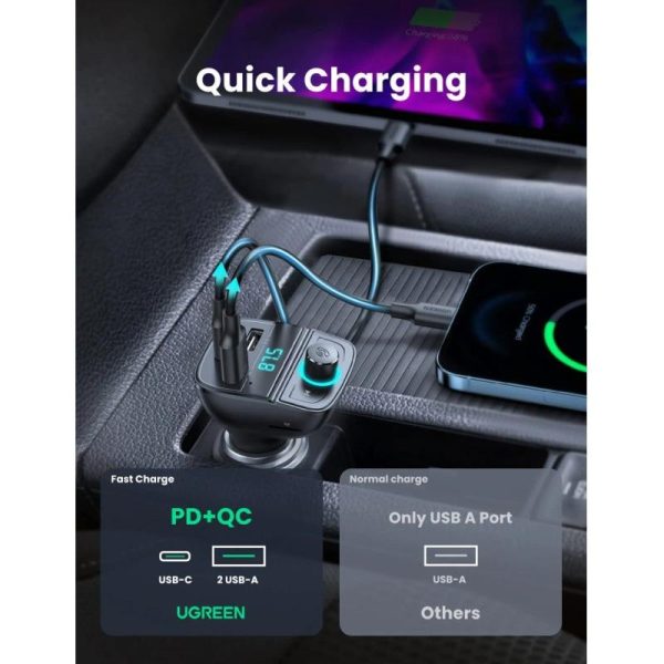 UGREEN FM transmiter za auto LED zaslon, Bluetooth, TF kartica 128 GB, USB-C, 2x USB, Quick charge 3.0, crni - Slika 3