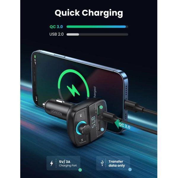 UGREEN FM transmiter za auto LED zaslon, Bluetooth, TF kartica 128 GB, USB-C, 2x USB, Quick charge 3.0, crni - Slika 8