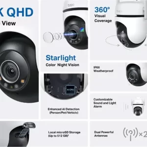 Outdoor Pan/Tilt Security Wi-Fi Camera - Tapo C520WS 2K QHD Live View, Starlight Color Night Vision-360° Visual Coverage