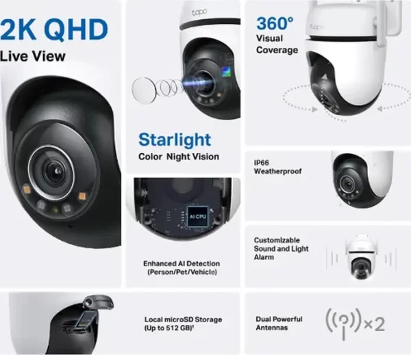 Outdoor Pan/Tilt Security Wi-Fi Camera - Tapo C520WS 2K QHD Live View, Starlight Color Night Vision-360° Visual Coverage