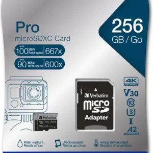 Verbatim memorijska kartica PRO Micro SDXC 256GB, U3, A2, V30, Class 10 Card + adapter