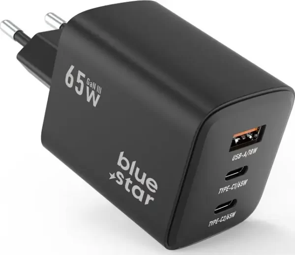 Punjač BLUE STAR GaN 4A 65W 2x Tip C + USB A PD QC4.0 VT-43 black