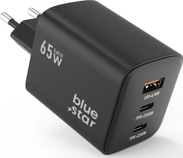 Punjač BLUE STAR GaN 4A 65W 2x Tip C + USB A PD QC4.0 VT-43 black