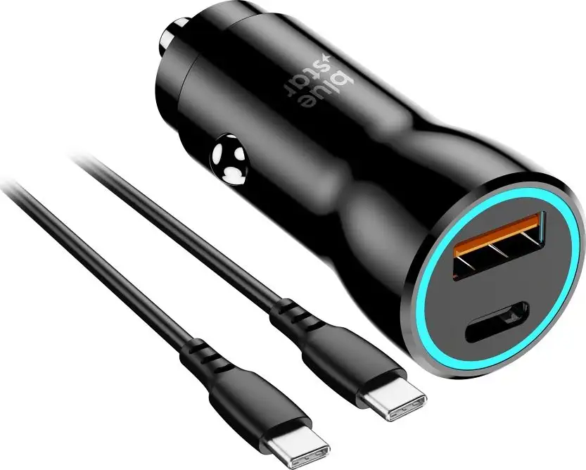 Auto punjač BLUE STAR 3A 30W Tip C + USB A + kabel C--C PD QC3.0 AFC PPS black