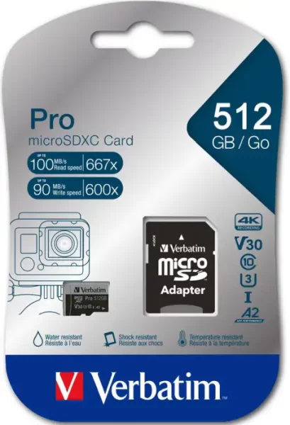 Verbatim memorijska kartica PRO Micro SDXC 512GB, U3, A2, V30, Class 10 Card + adapter