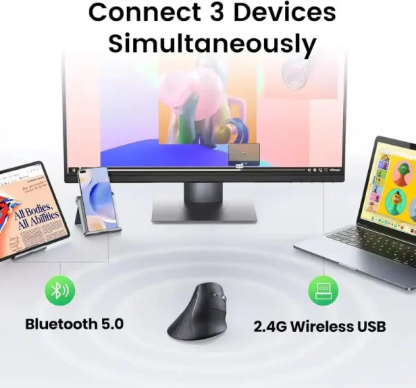 UGREEN bežični ergonomski vertikalni miš, bluetooth, 4000 DPI, USB, crni - Slika 7