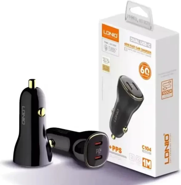 AUTO PUNJAČ 2u1 LDNIO C104 BRZI DUAL TIP C 60W + KABEL TIP C NA TIP C