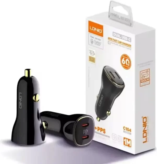 AUTO PUNJAČ 2u1 LDNIO C104 BRZI DUAL TIP C 60W + KABEL TIP C NA LIGHTNING