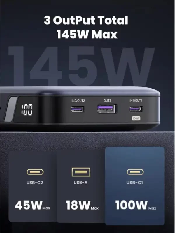 UGREEN prijenosni punjač (Powerbank) 25000mAh, 145W brzo punjenje, 2×USB-C+1×USB-A, PD 3.0+QC 3.0, sivi - Slika 4