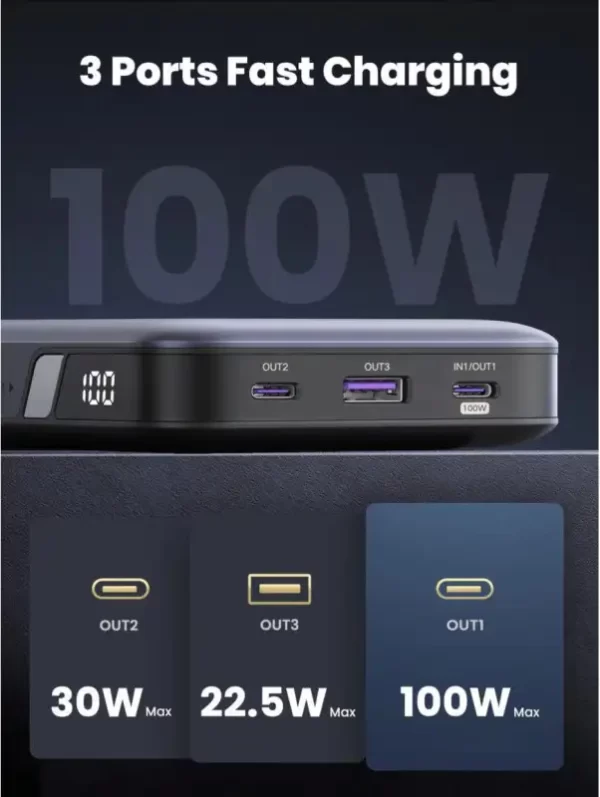 UGREEN prijenosni punjač (Powerbank) 20000mAh, 100W brzo punjenje, 2×USB-C+1×USB-A, PD 3.0+QC 3.0, srebrni - Slika 5