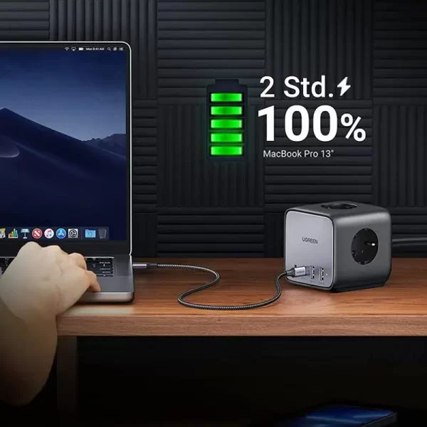 UGREEN DigiNest Cube, univerzalni punjač, 65W, 3x ŠUKO utičnica, 2x USB-C, 2x USB-A, 1.8m, crno sivi - Slika 4