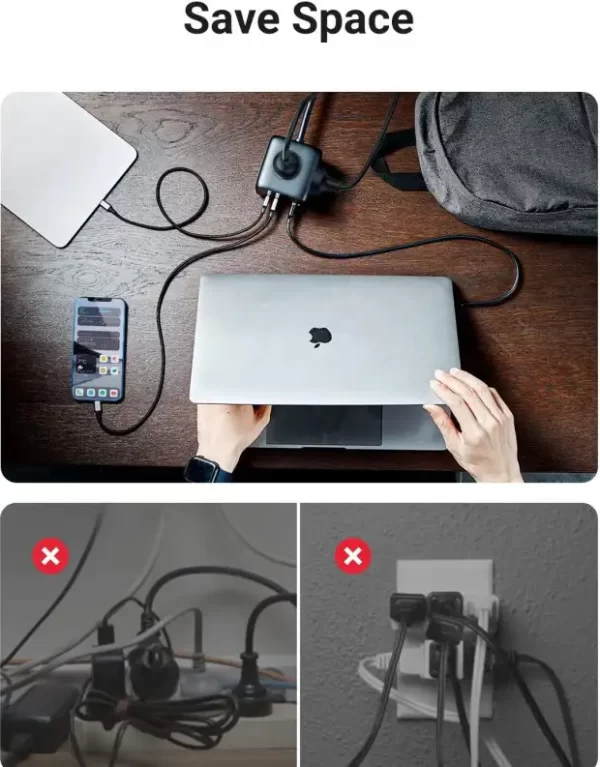UGREEN DigiNest Cube, univerzalni punjač, 65W, 3x ŠUKO utičnica, 2x USB-C, 2x USB-A, 1.8m, crno sivi - Slika 3