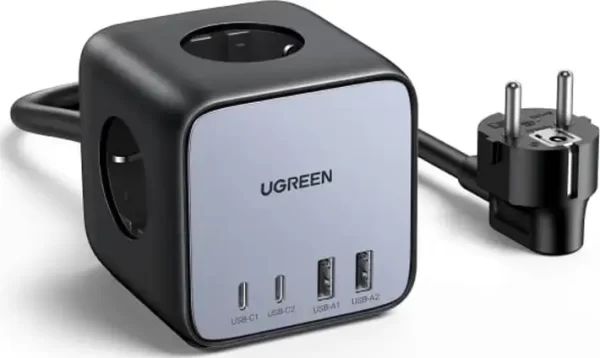 UGREEN DigiNest Cube, univerzalni punjač, 65W, 3x ŠUKO utičnica, 2x USB-C, 2x USB-A, 1.8m, crno sivi