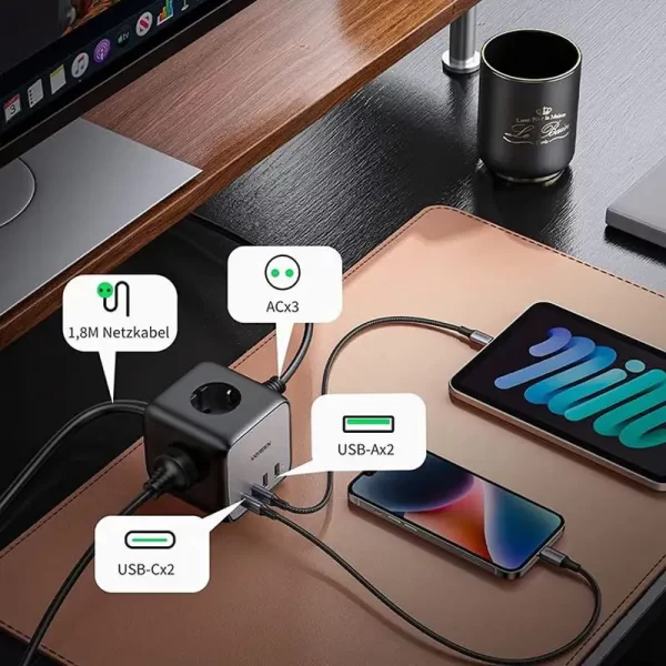 UGREEN DigiNest Cube, univerzalni punjač, 65W, 3x ŠUKO utičnica, 2x USB-C, 2x USB-A, 1.8m, crno sivi - Slika 2
