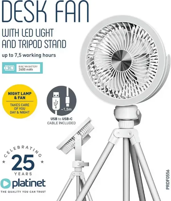 Platinet Ventilator Stolni/Punjivi/Mobilni s LED svjetlom , PRDF0556