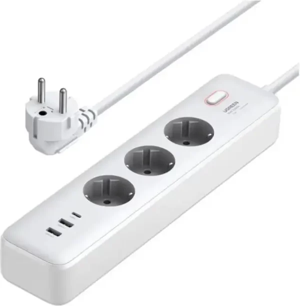 UGREEN CD286 naponska letva s prekidačem, 3x ŠUKO utičnica, Power Delivery USB-C, 2x USB-A, 2m, bijeli