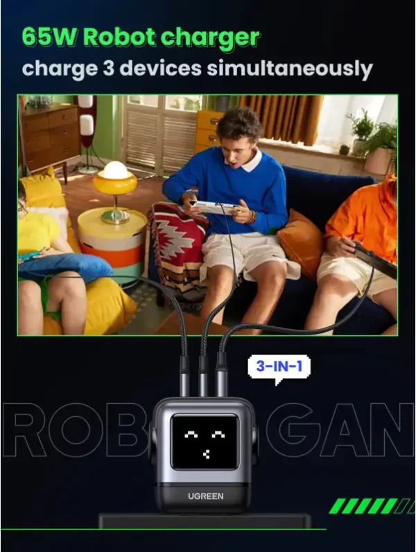 UGREEN Robot zidni punjač 65W, 2x USB-C, 1xUSB-A, GaN, sivo crni - Slika 7