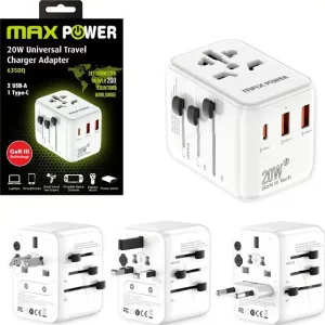 MAXPOWER ADAPTER PUTNI 635DQ Gan 1XPD Type C+2X USB A, BIJELI